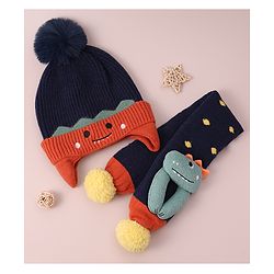 Babyhug Woolen Cap & Muffler Set with Pom Pom - Dark Blue