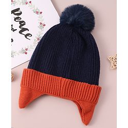 Babyhug Woolen Cap & Muffler Set with Pom Pom - Dark Blue