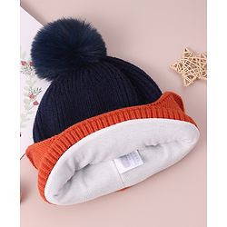 Babyhug Woolen Cap & Muffler Set with Pom Pom - Dark Blue