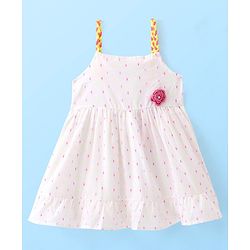 Babyhug Cotton Woven Singlet Printed Frock With Floral Applique - White