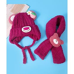 Babyhug Woolen Cap & Muffler Set with Teddy Bear Applique - Fuchsia