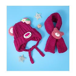 Babyhug Woolen Cap & Muffler Set with Teddy Bear Applique - Fuchsia