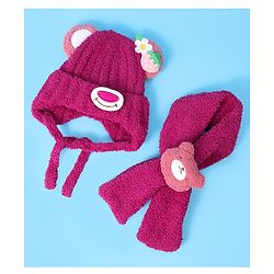 Babyhug Woolen Cap & Muffler Set with Teddy Bear Applique - Fuchsia
