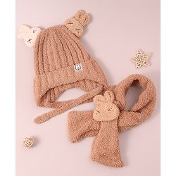 Babyhug Woollen Cap & Sets with Knot & Applique - Brown