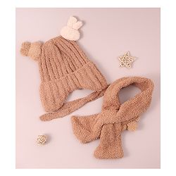Babyhug Woollen Cap & Sets with Knot & Applique - Brown