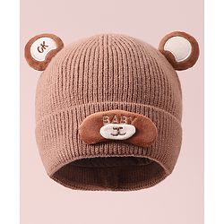 Babyhug Woollen Cap with Knot & Applique - Brown