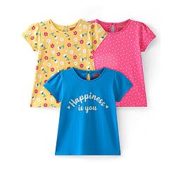Babyhug Cotton Knit Half Sleeves Tops with Polka Dots & Floral Print Pack of 3 - Pink Blue & Yellow