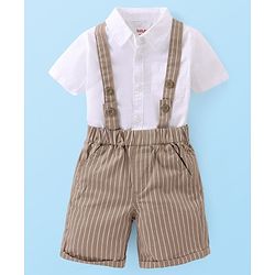 Babyhug Cotton Woven Half Sleeves Solid Color Shirt & Striped Shorts With Suspender - White & Beige