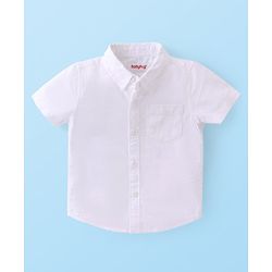 Babyhug Cotton Woven Half Sleeves Solid Color Shirt & Striped Shorts With Suspender - White & Beige