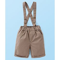 Babyhug Cotton Woven Half Sleeves Solid Color Shirt & Striped Shorts With Suspender - White & Beige