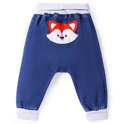 Babyhug Denim Full Length  Stretchable Joggers With Fox Print - Blue