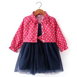 Babyhug Woven Sleeveless Frock Bow Applique with Polka Dot Shrug - Navy Blue & Pink