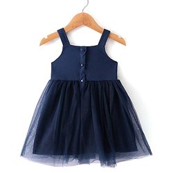 Babyhug Woven Sleeveless Frock Bow Applique with Polka Dot Shrug - Navy Blue & Pink