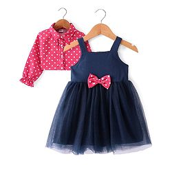Babyhug Woven Sleeveless Frock Bow Applique with Polka Dot Shrug - Navy Blue & Pink