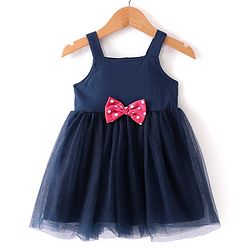 Babyhug Woven Sleeveless Frock Bow Applique with Polka Dot Shrug - Navy Blue & Pink