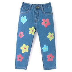 Babyhug Full Length Denim Washed Jeans with Stretch Floral Print - Blue