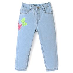 Babyhug Full Length  Denim Washed Jeans with Stretch Butterfly Embroidery - Light Blue
