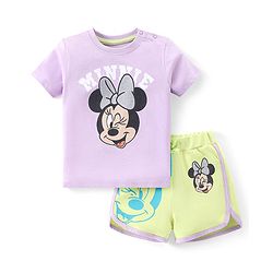 Babyhug Disney Cotton Knit Half Sleeves T-Shirt & Shorts Set with Front and Back Minnie Mouse Graphics - Purple & Green