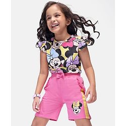 Babyhug Disney Cotton Knit Flutter Sleeves Top & Shorts Set With Minnie Mouse Graphics - Multicolor