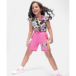 Babyhug Disney Cotton Knit Flutter Sleeves Top & Shorts Set With Minnie Mouse Graphics - Multicolor