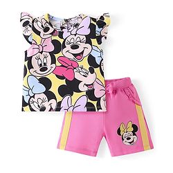 Babyhug Disney Cotton Knit Flutter Sleeves Top & Shorts Set With Minnie Mouse Graphics - Multicolor