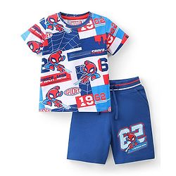 Babyhug Marvel Cotton Knit Half Sleeves T-Shirt & Shorts Set With Spider Man Print - White & Navy