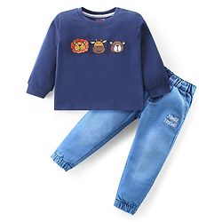 Babyhug Single Jersey Knit Full Sleeves T-Shirt & Denim Jeans Set With Animals Embroidery - Blue