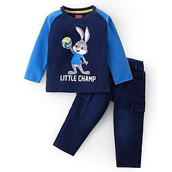 Babyhug Single Jersey Knit Raglan Sleeves T-Shirt & Denim Pants Set With Bunny Print - Blue