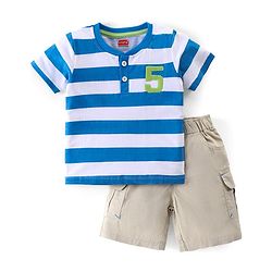 Babyhug Cotton Knit Half Sleeves Striped Henley T-Shirt & Woven Shorts Set - Blue & Beige