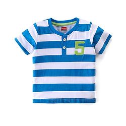 Babyhug Cotton Knit Half Sleeves Striped Henley T-Shirt & Woven Shorts Set - Blue & Beige