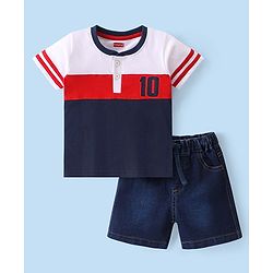 Babyhug Cotton Knit Half Sleeves Number Printed T-Shirt & Denim Shorts Set - Multicolor