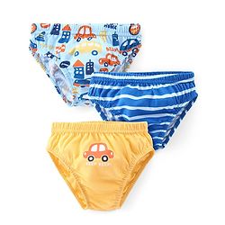 Babyhug 100% Cotton Knit Briefs Striped and Cars Print Pack of 3 - Multicolor