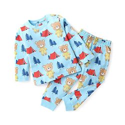 Babyhug Single Jersey Full Sleeve Night Suit Bear & Camping Print - Blue