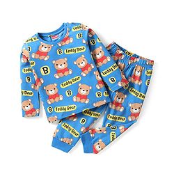 Babyhug Cotton Knit Full Sleeves Teddy Printed Night Suit - Blue
