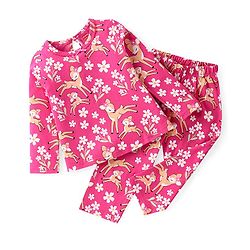 Babyhug Cotton Knit Full Sleeves Night Suit With Floral & Deer Print - Pink