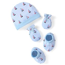 Babyhug 100% Cotton Cap Mittens & Booties Set Boat Print  Blue - Diameter  11.5 Cm