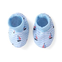 Babyhug 100% Cotton Cap Mittens & Booties Set Boat Print  Blue - Diameter  11.5 Cm