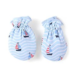 Babyhug 100% Cotton Cap Mittens & Booties Set Boat Print  Blue - Diameter  11.5 Cm