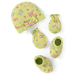 Babyhug 100% Cotton Cap Mittens & Booties Set Floral Print - Green