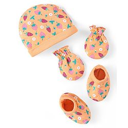 Babyhug 100% Cotton Cap Mittens & Booties Set Strawberry Print - Multicolour