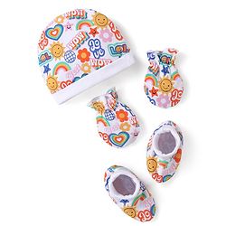 Babyhug 100% Cotton Cap Mittens & Booties Set Text Print Multicolour - Diameter  11.5 cm
