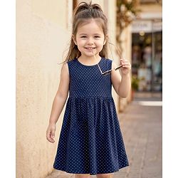 Babyhug Single Jersey Sleeveless Frock with Heart Print - Navy