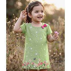 Babyhug Cotton Knit Half Sleeves Frock with Floral Print & Bow Detailing - Green