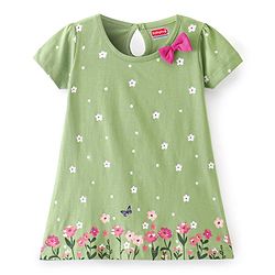 Babyhug Cotton Knit Half Sleeves Frock with Floral Print & Bow Detailing - Green