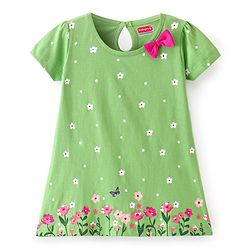 Babyhug Cotton Knit Half Sleeves Frock with Floral Print & Bow Detailing - Green