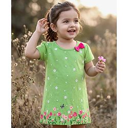 Babyhug Cotton Knit Half Sleeves Frock with Floral Print & Bow Detailing - Green
