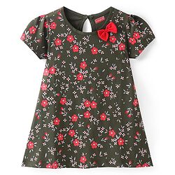 Babyhug Single Jersey Knit Half Sleeves Frock with Floral Print & Bow Applique - Green