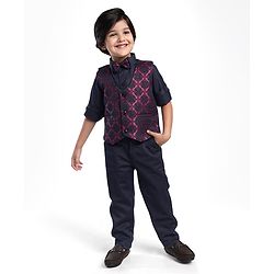 Babyhug Woven Full Sleeves Floral Embroidered 3 Piece Party Suit with Bow - Maroon & Navy Blue