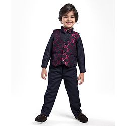 Babyhug Woven Full Sleeves Floral Embroidered 3 Piece Party Suit with Bow - Maroon & Navy Blue