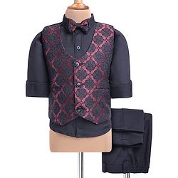 Babyhug Woven Full Sleeves Floral Embroidered 3 Piece Party Suit with Bow - Maroon & Navy Blue